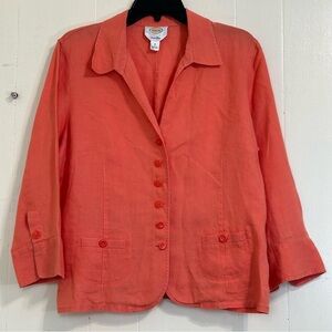 TALBOTS Lightweight Orange Coral 100% Linen Button Closure Blazer Jacket Size 16